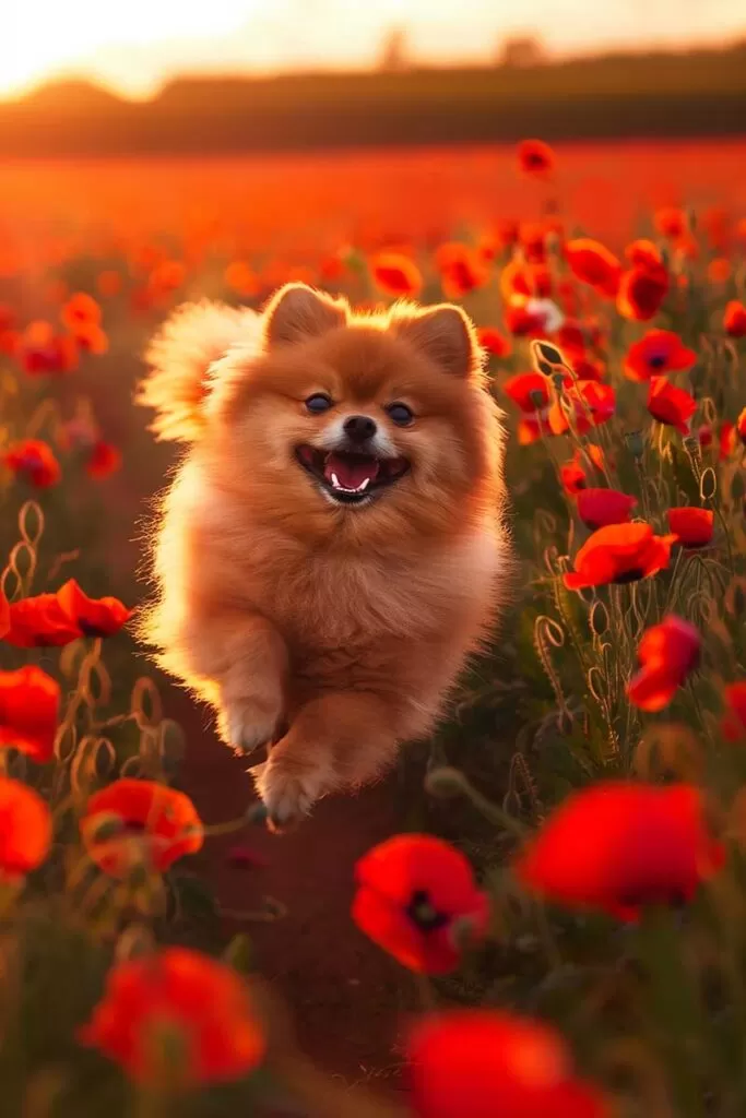 Lulu da Pomerânia (Spitz Alemão) correndo feliz num campo de flores