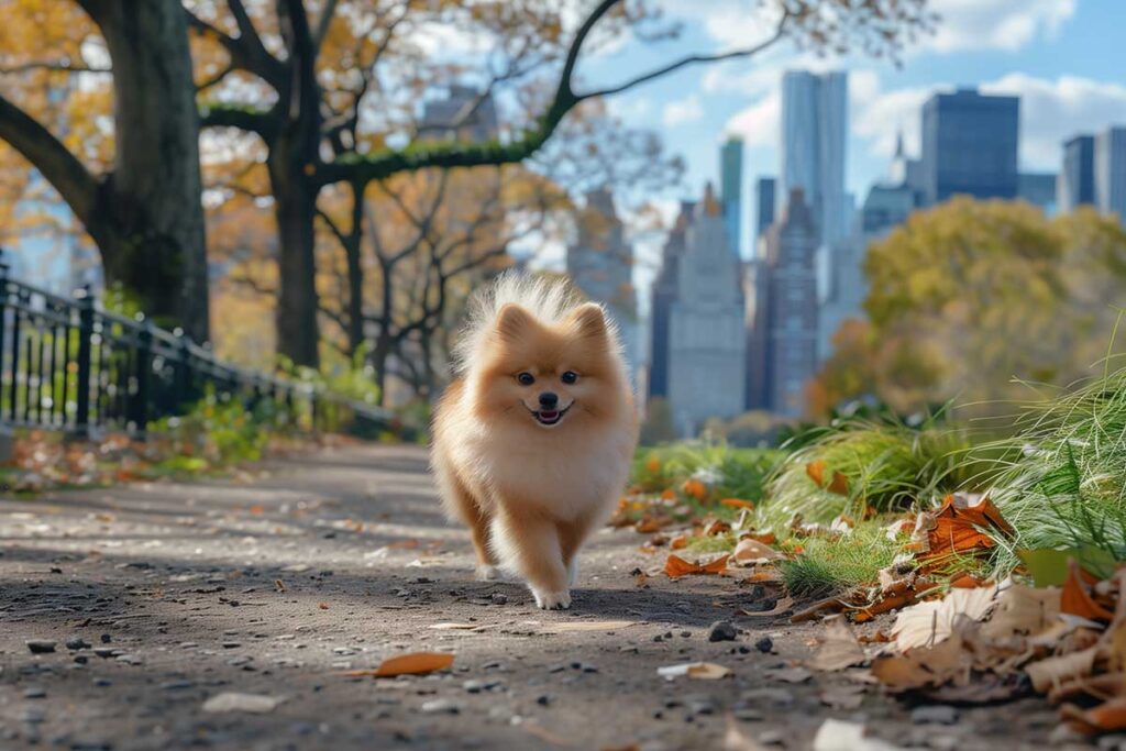 Um cão Lulu da Pomerânia (Spitz Alemão Anão) na cor laranja, andando sorridente.